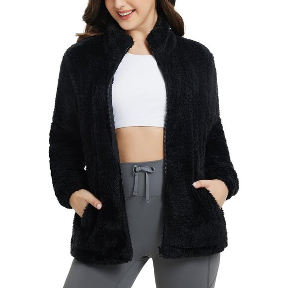 Women's Fleece Fuzzy Cozy Layer Full Zip Up Black Ski Jacket Coat Winter Warm
